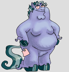 Size: 1316x1386 | Tagged: safe, artist:voe, imported from derpibooru, oc, oc:facade, anthro, unicorn, abomination, commission, commissioner:reversalmushroom, cursed image, family guy, funny, meme, nudity, peter griffin, simple background, solo