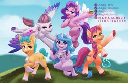 Size: 2048x1325 | Tagged: safe, artist:aegisaplomb, imported from derpibooru, hitch trailblazer, izzy moonbow, pipp petals, sunny starscout, zipp storm, earth pony, pegasus, pony, unicorn, bipedal, female, flying, g5, male, mane five (g5), mare, open mouth, open smile, raised hoof, royal sisters (g5), siblings, sisters, smiling, stallion, underhoof