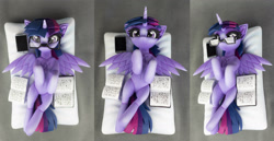 Size: 2274x1170 | Tagged: safe, artist:h1ppezz, imported from derpibooru, twilight sparkle, alicorn, pony, book, cellphone, craft, figurine, glasses, irl, phone, photo, solo, twilight sparkle (alicorn)