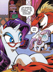 Size: 281x380 | Tagged: safe, artist:andypriceart, edit, idw, imported from derpibooru, rarity, sweetie belle, pony, unicorn, the return of queen chrysalis, spoiler:comic01, belle sisters, carousel boutique, changelings are terrible actors, cropped, dialogue, disguise, disguised changeling, eyeshadow, fabric, feather, female, filly, foal, glasses, hat, horn, infected, makeup, mannequin, mare, rarity's glasses, siblings, small resolution, speech bubble, text, thread