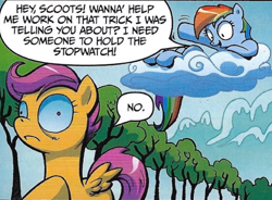 Size: 582x428 | Tagged: safe, artist:andypriceart, edit, idw, imported from derpibooru, rainbow dash, scootaloo, pegasus, pony, the return of queen chrysalis, spoiler:comic01, changelings are terrible actors, cloud, cropped, dialogue, disguise, disguised changeling, female, filly, foal, infected, lying down, mare, mountain, multicolored hair, on a cloud, on back, rainbow hair, siblings, sisters, sky, smiling, speech bubble, spread wings, text, tree, waving, wings