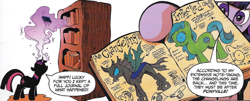 Size: 664x269 | Tagged: safe, artist:andypriceart, edit, idw, imported from derpibooru, twilight sparkle, changeling, earth pony, pony, unicorn, the return of queen chrysalis, spoiler:comic01, book, bookshelf, cropped, dialogue, disguise, disguised changeling, female, horn, infected, magic, mare, speech bubble, spread wings, telekinesis, text, tongue out, unicorn twilight, wings, x eyes