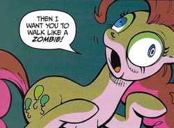 Size: 516x380 | Tagged: safe, artist:andypriceart, edit, idw, imported from derpibooru, pinkie pie, earth pony, pony, the return of queen chrysalis, spoiler:comic01, cropped, derp, dialogue, female, mare, speech bubble, text