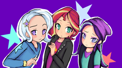 Size: 1200x670 | Tagged: safe, artist:imoaa, imported from derpibooru, starlight glimmer, sunset shimmer, trixie, human, unicorn, female, human coloration, humanized, lesbian, polyamory, shipping, startrix, startrixset, suntrix