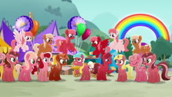 Size: 1280x720 | Tagged: safe, imported from derpibooru, screencap, moody root, earth pony, pegasus, pony, unicorn, rainbow roadtrip, elderly, female, food, male, mare, pie, red fur, stallion, unnamed character, unnamed pony