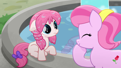 Size: 1280x720 | Tagged: safe, imported from derpibooru, screencap, tulip bulb, tulip rose, earth pony, pony, rainbow roadtrip, background pony, bow, cute, female, filly, floppy ears, foal, fountain, hope hollow, mare, mother and child, mother and daughter, raised hoof, tail, tail bow, wet, wet mane