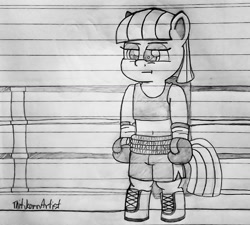 Size: 1280x1153 | Tagged: safe, artist:ct1443ae, imported from derpibooru, maud pie, earth pony, semi-anthro, boxing, boxing gloves, boxing ring, boxing shorts, clothes, lined paper, pencil drawing, shorts, solo, sports, traditional art