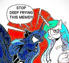 Size: 240x218 | Tagged: safe, edit, idw, imported from derpibooru, princess celestia, princess luna, alicorn, pony, spoiler:comic, spoiler:comic18, deep fried meme, luna is not amused, meme, royal sisters, siblings, sisters, unamused