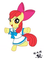 Size: 1071x1410 | Tagged: safe, artist:artmenet, imported from derpibooru, apple bloom, earth pony, pony, 2015, adorabloom, bipedal, clothes, cute, dress, female, filly, foal, old art, sailor uniform, simple background, solo, uniform, white background