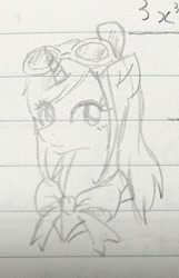 Size: 465x722 | Tagged: safe, artist:namaenonaipony, imported from derpibooru, pony, unicorn, ace attorney, bowtie, bust, ema skye, glasses, hair bun, horn, lined paper, monochrome, ponified, traditional art