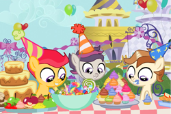 Size: 1261x843 | Tagged: safe, artist:swiftgaiathebrony, imported from derpibooru, apple bloom, scootaloo, sweetie belle, oc, oc:jazz apple, oc:sonic singer, oc:thunder dash, birthday, birthday party, colt, cutie mark crusaders, foal, hat, male, next generation, offspring, parent:apple bloom, parent:scootaloo, parent:sweetie belle, party, party hat, piñata, trio