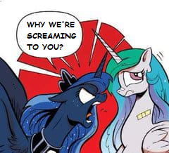 Size: 240x218 | Tagged: safe, edit, idw, imported from derpibooru, princess celestia, princess luna, alicorn, pony, spoiler:comic, spoiler:comic18, angry, angry face, female, luna is not amused, meme, royal sisters, siblings, sisters, text edit, unamused