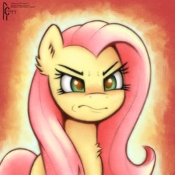 Size: 1620x1620 | Tagged: safe, artist:rcooper, imported from derpibooru, fluttershy, pegasus, pony, angry, blushing, ear fluff, female, fire, half body, mare, peeved, pink hair, solo