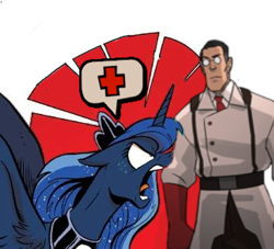 Size: 329x299 | Tagged: safe, edit, idw, imported from derpibooru, princess luna, alicorn, human, pony, spoiler:comic, spoiler:comic18, crossover, luna is not amused, medic, team fortress 2, unamused