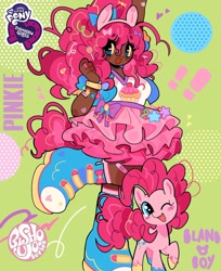 Size: 1080x1325 | Tagged: safe, artist:bland__boy, imported from derpibooru, kotobukiya, pinkie pie, earth pony, human, bandage, bishoujo, blushing, boots, bow, bracelet, candy, candy corn, clothes, converse, cupcake, curly hair, dark skin, exclamation point, female, food, hair bow, heart, humanized, jewelry, one eye closed, shoes, skirt, smiling, solo, stars, wink