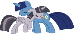 Size: 1357x636 | Tagged: safe, artist:twilyisbestpone, artist:wardex101, edit, imported from derpibooru, night light, twilight sparkle, alicorn, pony, unicorn, alternate hairstyle, base used, cute, discorded, discorded twilight, eyes closed, father and child, father and daughter, female, hug, male, mane swap, mare, raised hoof, sad, simple background, smiling, stallion, transparent background, twilight sparkle (alicorn), twilight tragedy, wholesome