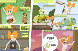 Size: 3931x2599 | Tagged: safe, artist:matchstickman, imported from derpibooru, grand pear, granny smith, pear butter, anthro, earth pony, comic:the other side, abs, axe, breasts, busty granny smith, clothes, comic, deltoids, female, gloves, granny smash, gritted teeth, ladder, male, mare, muscles, muscular female, panting, pear tree, stallion, sweet apple acres, teenager, teeth, tree, weapon, young granny smith, young pear butter, younger