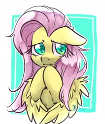 Size: 1763x2066 | Tagged: safe, artist:yukkuri_yu_yu, imported from derpibooru, fluttershy, pegasus, pony, female, floppy ears, hooves together, looking at you, mare, simple background, solo, white background, wings