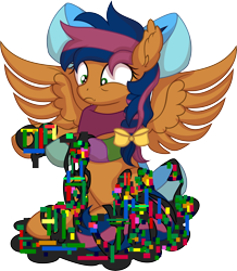 Size: 6137x7052 | Tagged: safe, artist:cyanlightning, imported from derpibooru, oc, oc only, oc:solar comet, pegasus, pony, .svg available, absurd resolution, bow, disguised changedling, ear fluff, error, eyelashes, femboy, glitch, male, pibby, simple background, solo, transparent background, trap, vector