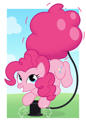 Size: 2100x2970 | Tagged: safe, artist:candy meow, imported from derpibooru, pinkie pie, earth pony, pony, balloon, cartoon physics, cloud, cute, diapinkes, female, high res, inflated tail, inflation, mare, pinkie being pinkie, pinkie physics, pump, tail