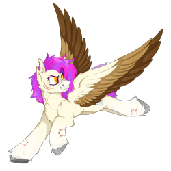 Size: 2300x2300 | Tagged: safe, alternate version, artist:molars, imported from derpibooru, oc, oc:molars, pegasus, pony, bitemarks, chest fluff, fluffy, flying, ponysona, scar, simple background, solo, spread wings, torn ear, transparent background, unshorn fetlocks, wings