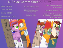 Size: 1600x1200 | Tagged: safe, artist:al solae, imported from derpibooru, oc, earth pony, griffon, hippogriff, pegasus, pony, advertisement, colored, commission info, female, griffon oc, male, mare, reference sheet, sketch, stallion