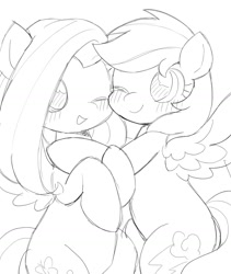 Size: 1421x1684 | Tagged: safe, artist:ginmaruxx, imported from derpibooru, fluttershy, rainbow dash, pegasus, pony, duo, duo female, female, looking at each other, looking at someone, mare, monochrome, one eye closed, open mouth, open smile, simple background, smiling, white background, wings
