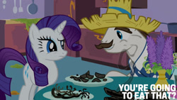 Size: 1280x720 | Tagged: safe, edit, edited screencap, editor:quoterific, imported from derpibooru, screencap, hondo flanks, rarity, sweetie belle, pony, unicorn, season 2, sisterhooves social, carousel boutique, cooking, duo, female, food, male, mare, stallion, sweetie belle can't cook, sweetie fail, text