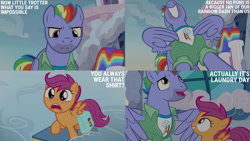 Size: 1280x720 | Tagged: safe, edit, edited screencap, editor:quoterific, imported from derpibooru, screencap, bow hothoof, scootaloo, pegasus, pony, parental glideance, season 7, bag, duo, female, filly, foal, grin, male, nose in the air, open mouth, open smile, saddle bag, smiling, spread wings, stallion, text, wings