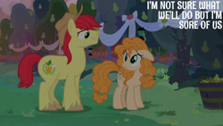 Size: 1280x720 | Tagged: safe, edit, edited screencap, editor:quoterific, imported from derpibooru, screencap, bright mac, pear butter, earth pony, pony, season 7, the perfect pear, cowboy hat, duo, female, floppy ears, hat, male, mare, smiling, stallion, text