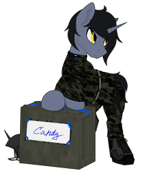 Size: 1300x1590 | Tagged: safe, artist:syntiset, imported from derpibooru, oc, oc only, oc:syntiset, pony, unicorn, ankle boots, belt, bipedal, bipedal leaning, boots, box, camouflage, clothes, crate, eye clipping through hair, helmet, horn, leaning, looking at each other, looking at someone, male, military, military uniform, pants, pony oc, ponybooru collab 2022, shoes, simple background, solo, spread legs, spreading, stallion, transparent background, unicorn oc, uniform