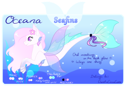Size: 900x621 | Tagged: safe, artist:creativecocoacookie, imported from derpibooru, oc, oc only, merpony, seapony (g4), bubble, dorsal fin, female, fin wings, fins, fish tail, flower, flower in hair, flowing mane, flowing tail, ocean, pink mane, signature, smiling, solo, tail, text, underwater, water, wings