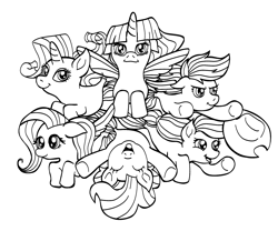 Size: 2078x1729 | Tagged: safe, artist:doodlenotespictures, imported from derpibooru, applejack, fluttershy, pinkie pie, rainbow dash, rarity, twilight sparkle, alicorn, earth pony, pegasus, seapony (g4), unicorn, applejack's hat, cowboy hat, eyes closed, female, fin wings, fins, fish tail, flowing mane, happy, hat, horn, lineart, mane six, mare, open mouth, seaponified, seapony applejack, seapony fluttershy, seapony pinkie pie, seapony rainbow dash, seapony rarity, seapony twilight, simple background, smiling, species swap, swimming, tail, twilight sparkle (alicorn), white background, wings