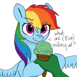 Size: 1000x1000 | Tagged: safe, artist:redruin01, color edit, edit, imported from derpibooru, rainbow dash, oc, oc:anon, human, pegasus, pony, (you), colored, cute, dashabetes, dialogue, eye clipping through hair, eyebrows, eyebrows visible through hair, female, food, hand, holding, human male, human oc, ice cream, ice cream cone, ice cream on nose, looking at you, male, mare, offscreen character, pov, simple background, smiling, smirk, spread wings, talking, talking to viewer, transparent background, wings
