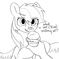 Size: 1000x1000 | Tagged: safe, artist:redruin01, imported from derpibooru, rainbow dash, oc, oc:anon, human, pegasus, pony, (you), cute, dashabetes, dialogue, eye clipping through hair, eyebrows, eyebrows visible through hair, female, food, grayscale, hand, human male, human oc, ice cream, ice cream cone, ice cream on nose, lineart, looking at you, male, mare, monochrome, offscreen character, pov, simple background, sketch, smiling, smirk, spread wings, talking, talking to viewer, white background, wings