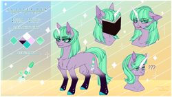 Size: 3288x1856 | Tagged: safe, artist:honeybbear, imported from derpibooru, oc, oc:glitter pen, pony, unicorn, colored horn, female, horn, mare, reference sheet, solo