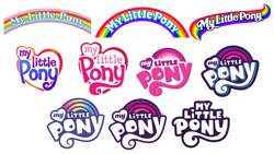 Size: 1365x768 | Tagged: safe, imported from derpibooru, g1, g2, g3, g3.5, g4, g5, logo history, my little pony, my little pony logo, simple background, white background