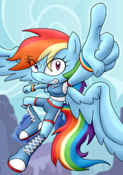 Size: 1400x2000 | Tagged: safe, artist:flash equestria photography, imported from derpibooru, rainbow dash, anthro, pegasus, breasts, grin, mobian, pointing, smiling, solo, sonic the hedgehog (series), sonicified