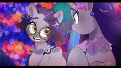 Size: 1920x1080 | Tagged: safe, artist:potetecyu_to, imported from derpibooru, earth pony, pony, unicorn, black background, crossover, duo, duo female, ear piercing, earring, encanto, female, glasses, horn, isabela madrigal, jewelry, looking at each other, looking at someone, mare, mirabel madrigal, piercing, ponified, simple background, underhoof
