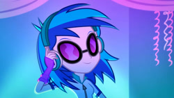 Size: 3410x1920 | Tagged: safe, imported from derpibooru, screencap, dj pon-3, vinyl scratch, human, eqg summertime shorts, equestria girls, raise this roof, female, headphones, high res, smiling, solo