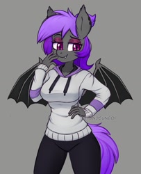 Size: 1298x1602 | Tagged: safe, artist:handgunboi, imported from derpibooru, oc, oc only, oc:amethyst gear, anthro, bat pony, bat wings, clothes, commission, ear piercing, earring, female, gray background, hoodie, jewelry, piercing, simple background, solo, wings