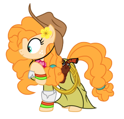 Size: 2022x1941 | Tagged: safe, artist:power of justice!sans, artist:third uncle, edit, imported from derpibooru, pear butter, earth pony, pony, clothes, cowboy hat, cowgirl, dress, female, flower, flower in hair, gun, handgun, hat, mare, revolver, rope, simple background, transparent background, vector, weapon
