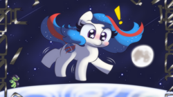 Size: 3840x2160 | Tagged: safe, artist:cushyhoof, imported from derpibooru, oc, oc:filly anon, oc:nasapone, earth pony, pony, 4k, blushing, cute, dark background, earth, ethereal mane, exclamation point, female, filly, floating, high res, mare, moon, phone drawing, scrunchy face, space, stars, surreal, zero gravity