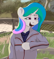 Size: 1000x1096 | Tagged: safe, artist:sv37, imported from derpibooru, princess celestia, semi-anthro, clothes, jacket, meme, open mouth, open smile, ponified, shirt, smiling, solo