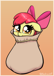 Size: 1062x1497 | Tagged: safe, artist:heretichesh, imported from derpibooru, apple bloom, earth pony, pony, adorabloom, bag, cute, female, filly, foal, looking at you, orange background, pony in a bag, sack, simple background, smiling, solo