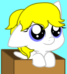 Size: 575x633 | Tagged: safe, artist:piggyman54, imported from derpibooru, surprise, pegasus, pony, adoraprise, base used, blue background, born, box, cardboard box, cute, cyan background, female, filly, filly surprise, foal, g1, g1 to g4, g4, generation leap, one ear down, pony in a box, simple background, solo