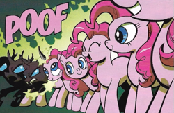 Size: 583x380 | Tagged: safe, artist:andypriceart, edit, idw, imported from derpibooru, pinkie pie, changeling, earth pony, pony, the return of queen chrysalis, spoiler:comic01, angry, clone, cropped, disguise, disguised changeling, fangs, female, horn, mare, pinkie clone, poof, shapeshifting, smiling, transformation