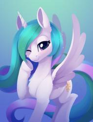 Size: 1485x1959 | Tagged: safe, artist:dusthiel, imported from derpibooru, princess celestia, alicorn, pony, cute, cutelestia, female, looking at you, mare, one eye closed, smiling, solo, spread wings, underhoof, wings, wink, winking at you