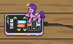 Size: 500x300 | Tagged: safe, artist:nitobit, imported from derpibooru, pipp petals, pegasus, pony, charger, dancing, female, g5, game, mare, micro, phone, pipp is short, pixel art, solo, table