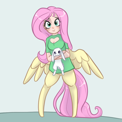 Size: 768x768 | Tagged: safe, artist:smirk, imported from derpibooru, angel bunny, fluttershy, rabbit, satyr, animal, clothes, cute, duo, female, looking at you, male, satyrized, shirt, shyabetes, simple background